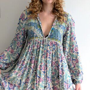 Peacock Floral Boho Peasant Dress, California Hippie Rayon Maxi Summer Dress